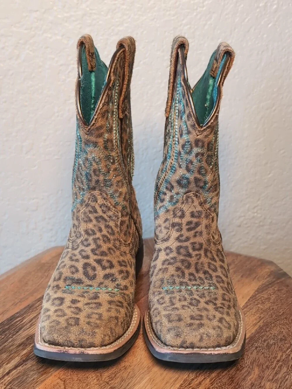 Kids Leopard Print Western Boots with Turquoise Stitching